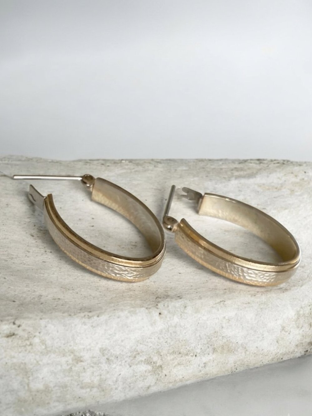 Vintage 14K Yellow Trim And 925 Silver Hammered Huggie Hoop Earrings